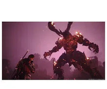 Fantasy game key art with armored figures and a giant mech