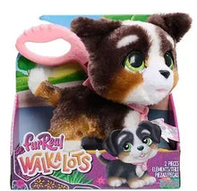 Interactive plush toy dog with pink leash shown in retail box, brown and white