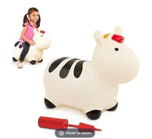 Inflatable zebra ride-on bouncer with black stripes, red pump