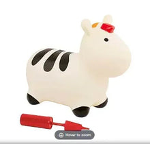 Inflatable zebra ride-on bouncer, black stripe pattern and red pump