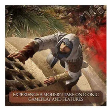PS5 game case cover with action scene and character in a white hood