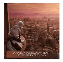 PS5 game case cover with city skyline and hooded assassin on a rooftop