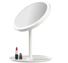 White round vanity mirror with makeup tray and tall stand