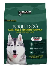 Adult dog food bag with lamb, rice, and vegetables; Kirkland label and dog photo