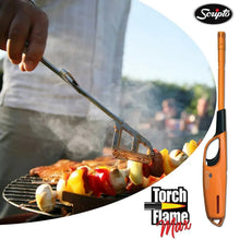 Orange multi-purpose torch lighter with extended nozzle over grilled food