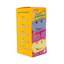 Dual-sided Scrub Mommy sponge pack, side of orange box with sponge faces and icons