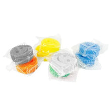 Assorted scrub sponge set with gray, yellow, blue, orange, green sponges in bags