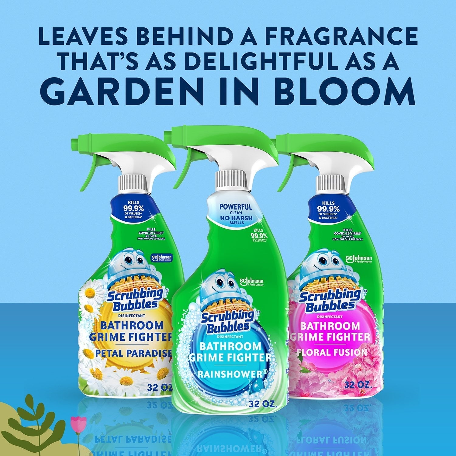 Scrubbing Bubbles Flowers & Showers, Bathroom Grime Fighter Spray, Rainshower, Petal Paradise, and Floral Fusion, 32 oz., 3 pk.