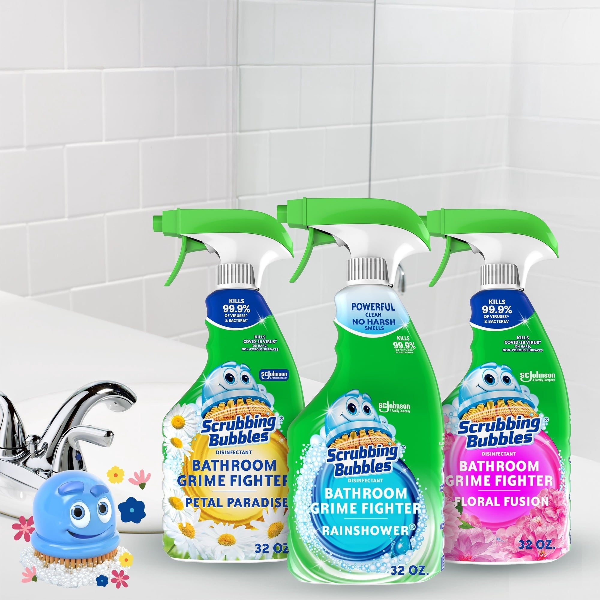Scrubbing Bubbles Flowers & Showers, Bathroom Grime Fighter Spray, Rainshower, Petal Paradise, and Floral Fusion, 32 oz., 3 pk.