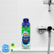 Scrubbing Bubbles Mega Shower Foamer aerosol can next to a showerhead