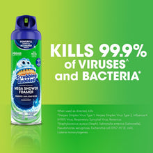 Scrubbing Bubbles Mega Shower Foamer aerosol can with blue cap and green label