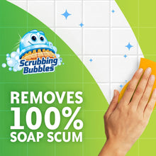 Scrubbing Bubbles Mega Shower Foamer aerosol can on green and white promotional panel