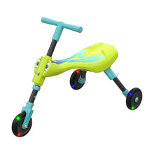 Yellow 3-wheel foldable trike side view with glowing LED wheel accents