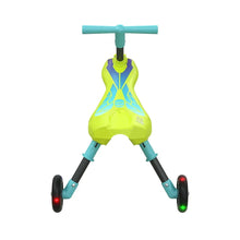 Yellow 3-wheel foldable trike rear view with glowing LED wheels
