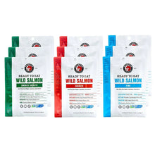 SeaBear ready-to-eat wild salmon variety pouches in green, red, and blue
