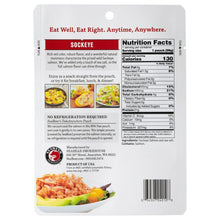 Smoked sockeye ready-to-eat salmon pouch back panel with Nutrition Facts and ingredients