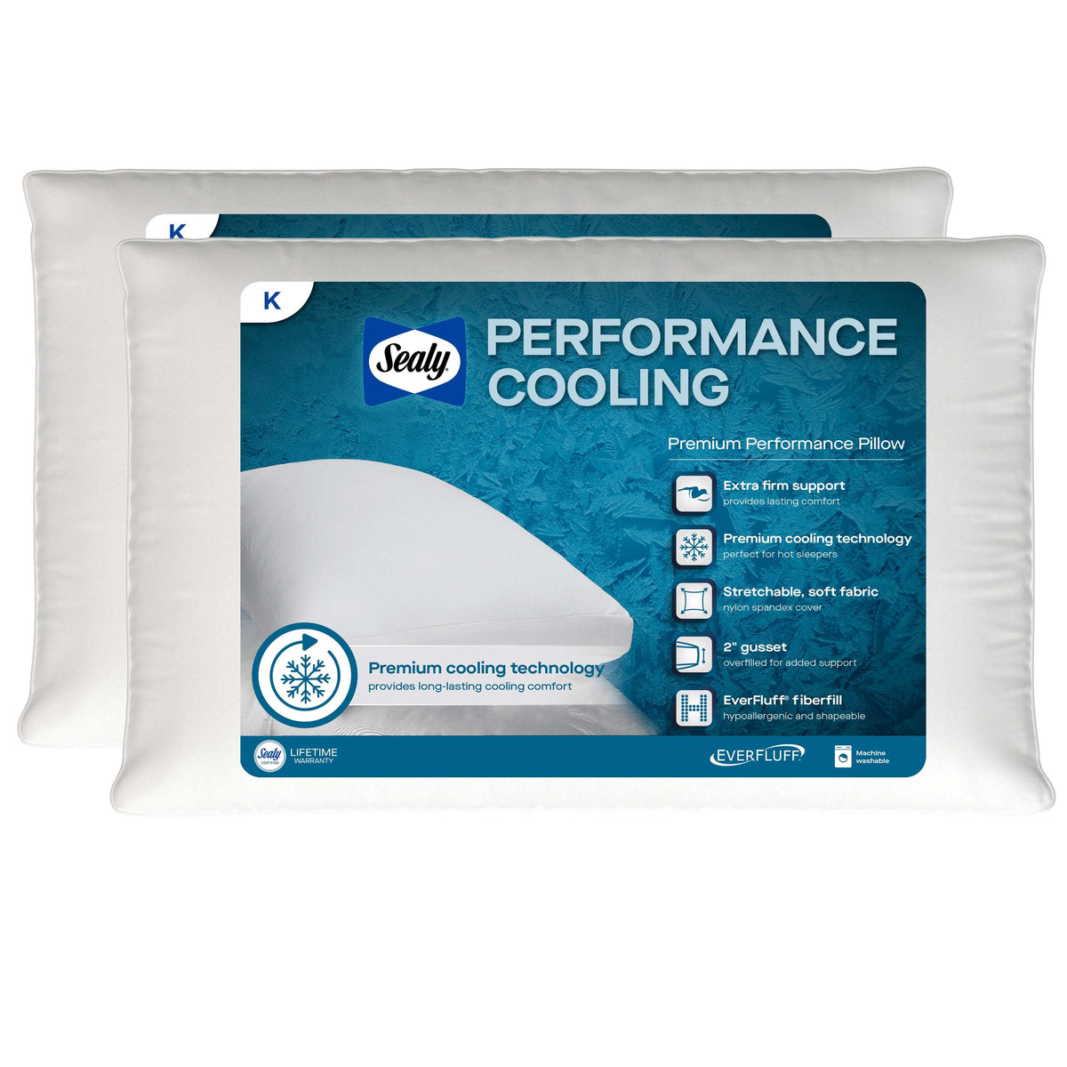 Sealy Performance Cooling Bed Pillow, King, White- Extra Firm Support, 2 Count