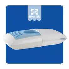 White gel memory foam pillow with blue cooling stripe, standard size shape