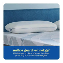 White gel memory foam pillow with blue cooling stripe on top, low-profile shape