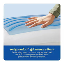White gel memory foam pillow with blue cooling gel pad, hand resting on top
