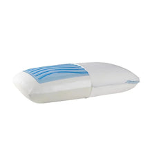 White gel memory foam pillow with blue cooling stripe, full profile view