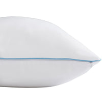 White pillow protector with light blue trim and zipper closure at the end