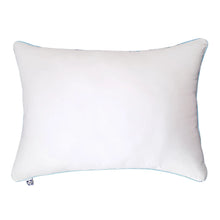White pillow protector with blue piping and small brand tag at bottom corner.