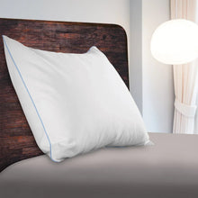 Pillow protector in white with light blue piping along the edges