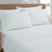 Microfiber sheet set with light green leaf pattern fitted sheet and matching pillowcases