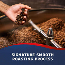 Hand pouring coffee beans over roasted coffee grounds near a spray nozzle