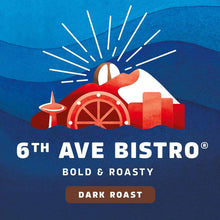 Ground coffee bag front with 6th Ave Bistro dark roast label