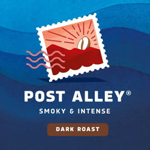 Post Alley dark roast K-Cup pods label with smoky and intense design