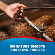 Coffee roasting scene with beans pouring and a nozzle, dark roast K-Cup pods graphic