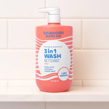 Seaweed Bath Co. 3-in-1 wash bottle with white pump, lime papaya, coral-red