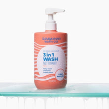 Seaweed Bath Co. 3-in-1 wash bottle with white pump, lime papaya, coral-red