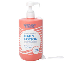 Seaweed Bath Co. daily lotion bottle with white pump, lime papaya, coral-red