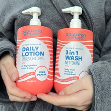Two Seaweed Bath Co. bottles held in hands: daily lotion and 3-in-1 wash