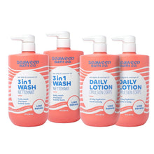 Seaweed Bath Co. 3-in-1 wash bottle with white pump, lime papaya scent, coral-red