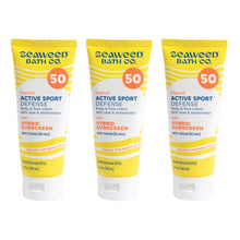 SPF 50 sunscreen lotion tube, tropical active sport defense, yellow and white.