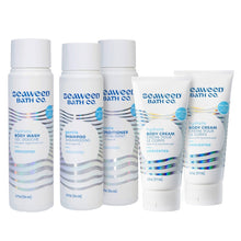 Hydrating body wash and cream bottles set, unscented, white with blue wave labels