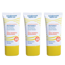 3-pack invisible mineral sunscreen SPF 50 tubes, yellow-and-white striped labels