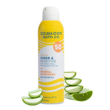 Mineral sunscreen spray bottle, SPF 50, yellow with white cap and aloe