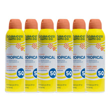 Tropical SPF 50 quick-dry sunscreen spray 6-pack, yellow bottles with orange caps