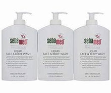 Sebamed face and body wash liquid bottles, three pump dispensers with green labels