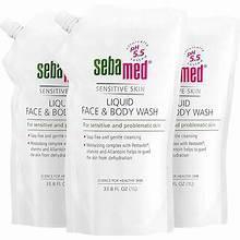 Sebamed face and body wash refill pouch, green Sebamed logo centered on white