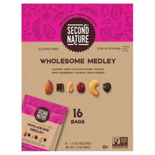 Trail mix multipack back label, Second Nature Wholesome Medley, 16 bags, gluten-free