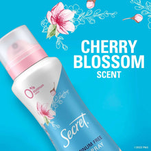 Cherry blossom aluminum-free dry spray deodorant bottle angled with floral graphics