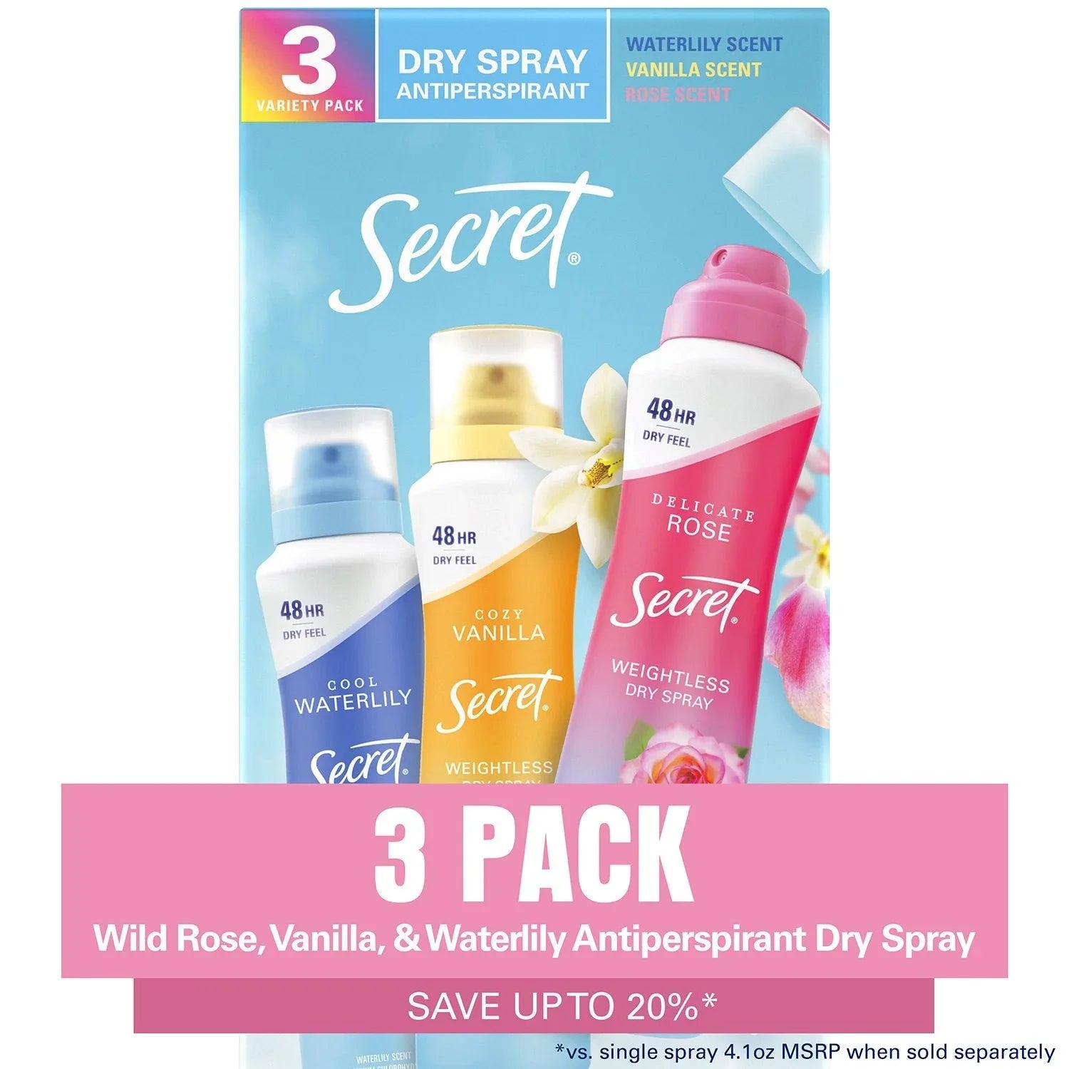 Secret Dry Spray Women's Antiperspirant Deodorant, Vanilla, Wild Rose & Waterlily, 4.1 oz., 3 pk. - USA MEGA SHOP