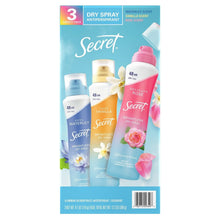 Secret 3-pack weightless dry spray antiperspirant deodorant bottles, blue white pink