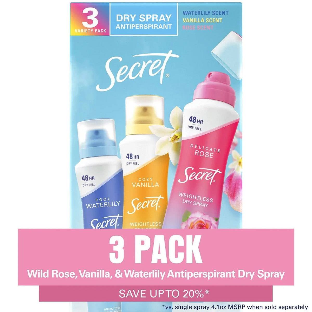 Secret Dry Spray Women's Antiperspirant Deodorant, Vanilla, Wild Rose & Waterlily, 4.1 oz., 3 pk. - USA MEGA SHOP
